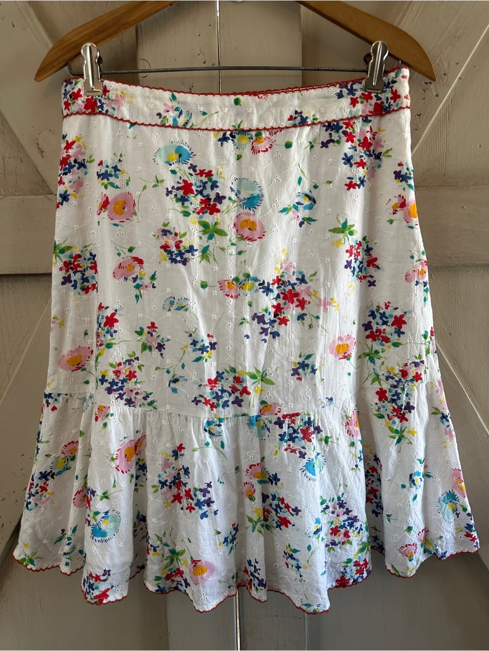 Odille Anthropologie Floral Eyelet Cotton Skirt Size 8 White Multicolor A-line